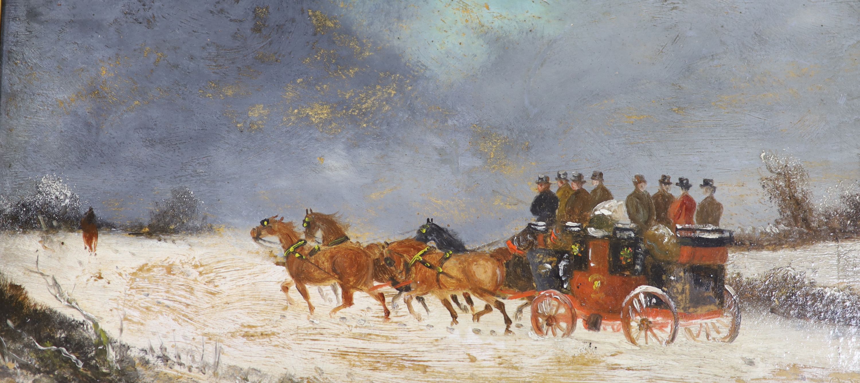 Philip H Rideout (1860-1920), oil on board, Coach in winter, signed, 16 x 33cm